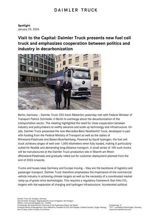 Visit to the Capital: Daimler Truck presents new fuel cell truck and emphasizes cooperation between politics and industry in decarbonization