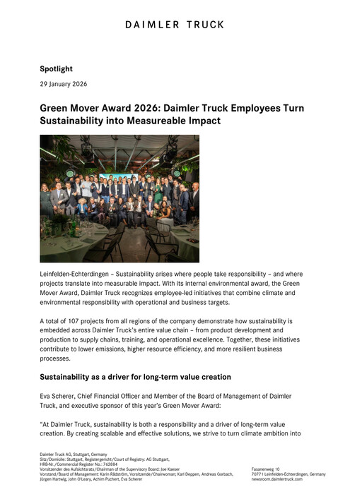 Green Mover Award 2026: Daimler Truck Employees Turn Sustainability into Measureable Impact