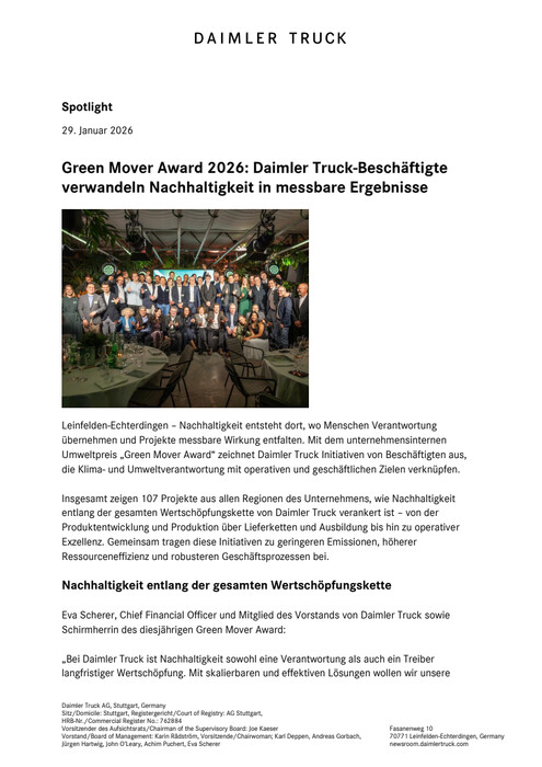 Green Mover Award 2026: Daimler Truck Beschäftigte verwandeln Nachhaltigkeit in messbare Ergebnisse