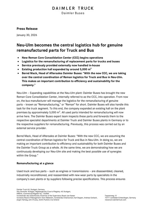 Neu-Ulm becomes the central logistics hub for genuine remanufactured parts for Truck and Bus