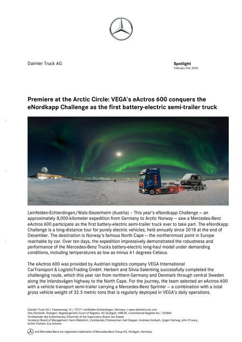 Premiere at the Arctic Circle: VEGA’s eActros 600 conquers the eNordkapp Challenge as the first battery-electric truck