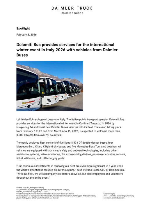 Dolomiti Bus provides services for the international winter event in Italy 2026 with vehicles from Daimler Buses