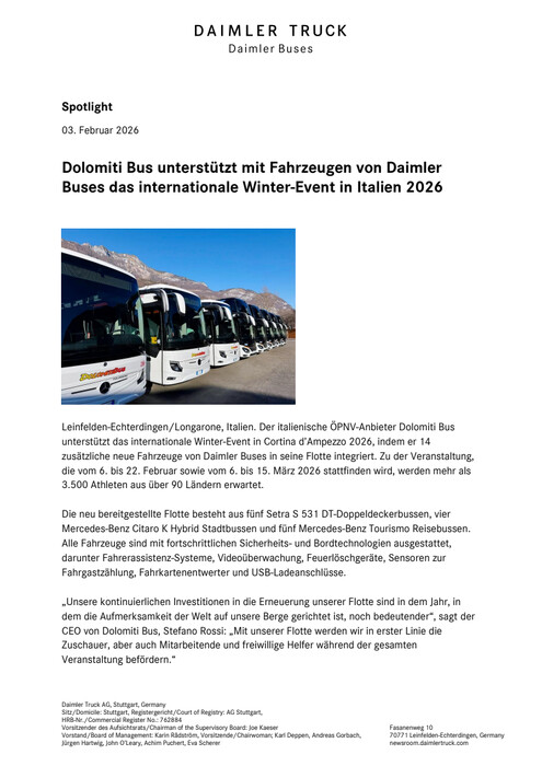 Dolomiti Bus unterstützt mit Fahrzeugen von Daimler Buses das internationale Winter-Event in Italien 2026