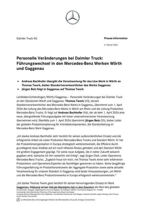 Personelle Veränderungen bei Daimler Truck: Führungswechsel in den Mercedes-Benz Werken Wörth und Gaggenau
