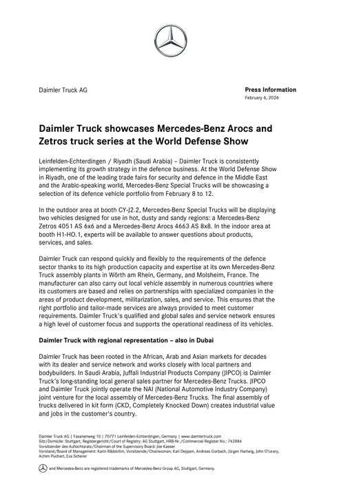 Daimler Truck showcases Mercedes-Benz Arocs and Zetros truck series at the World Defense Show