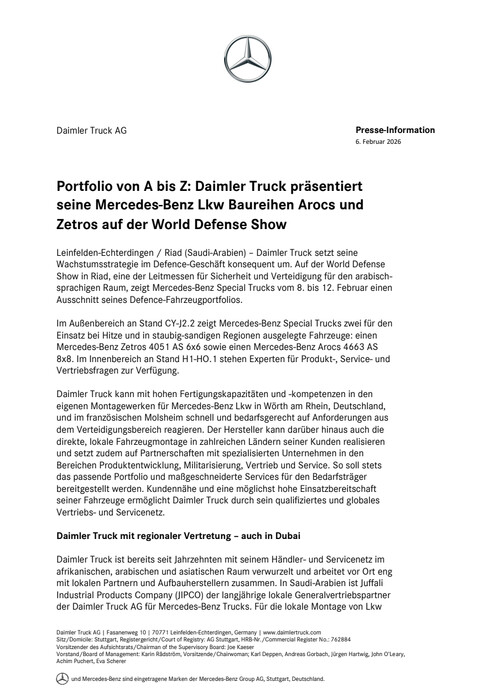 Portfolio von A bis Z: Daimler Truck präsentiert seine Mercedes-Benz Lkw Baureihen Arocs und Zetros auf der World Defense Show