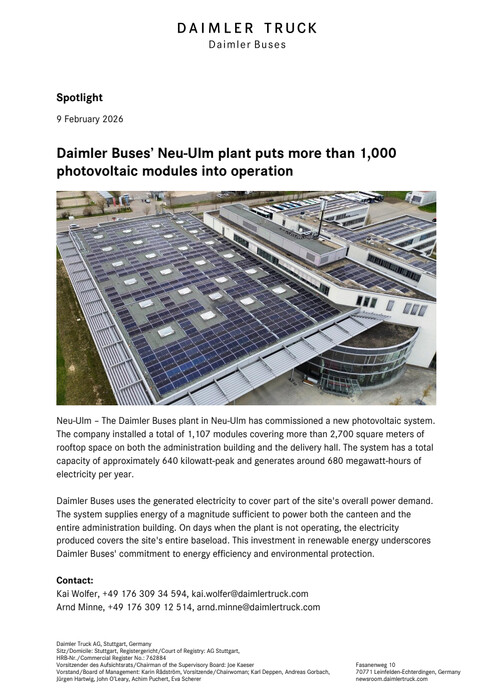 Daimler Buses’ Neu-Ulm plant puts more than 1,000 photovoltaic modules into operation