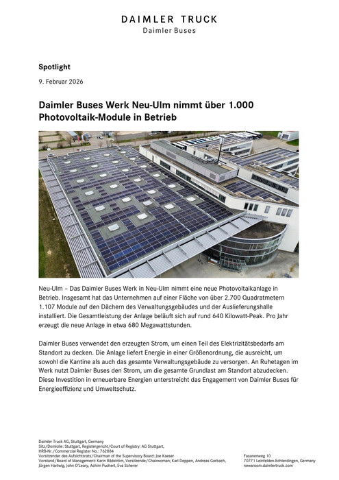 Daimler Buses Werk Neu-Ulm nimmt über 1.000 Photovoltaik-Module in Betrieb