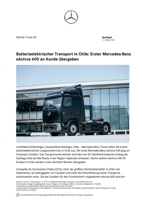 Batterieelektrischer Transport in Chile: Erster Mercedes-Benz eActros 600 an Kunde übergeben