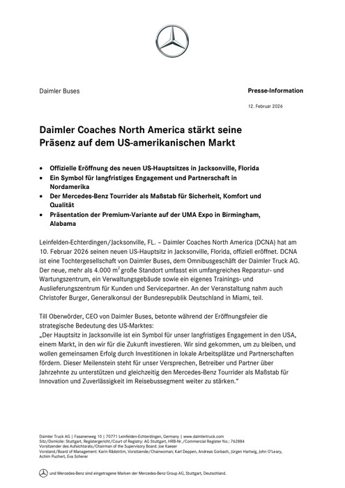 Daimler Coaches North America stärkt seine Präsenz auf dem US-amerikanischen Markt