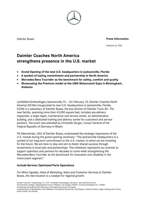 Daimler Coaches North America strengthens presence in the U.S. market