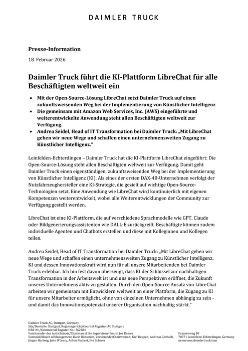 Daimler Truck führt die KI-Plattform LibreChat für alle Beschäftigten weltweit ein