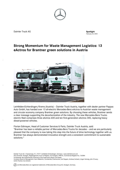 Strong Momentum for Waste Management Logistics: 13 eActros for Brantner green solutions in Austria