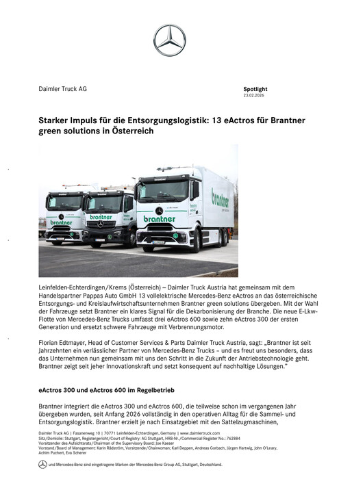 Starker Impuls für die Entsorgungslogistik: 13 eActros für Brantner green solutions in Österreich