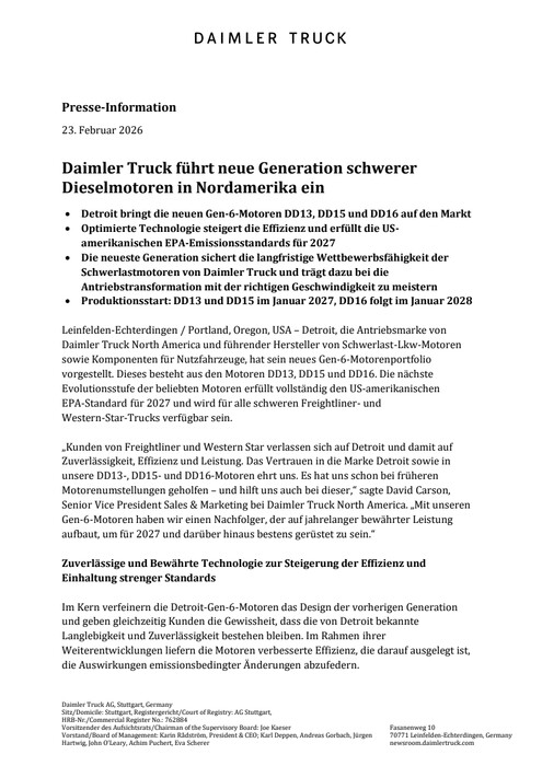 Daimler Truck führt neue Generation schwerer Dieselmotoren in Nordamerika ein