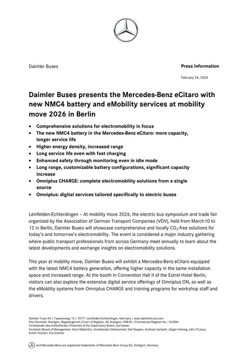 Daimler Buses presents the Mercedes‑Benz eCitaro with new NMC4 battery and eMobility services at mobility move 2026 in Berlin