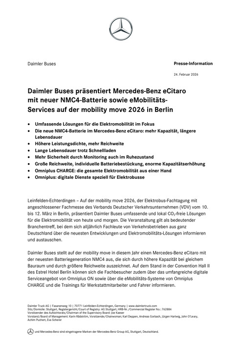 Daimler Buses präsentiert Mercedes-Benz eCitaro mit neuer NMC4-Batterie sowie eMobilitäts-Services auf der mobility move 2026 in Berlin