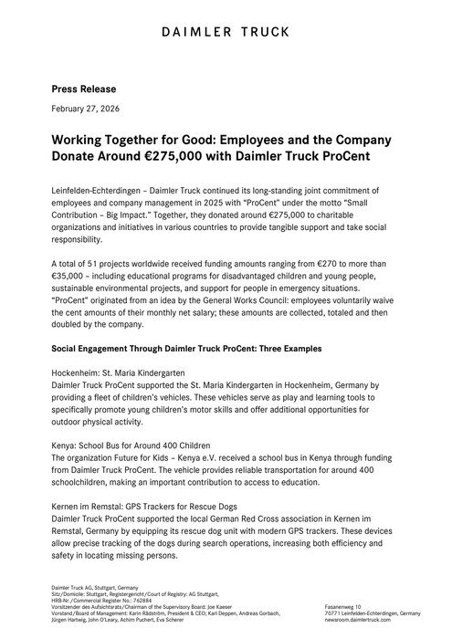 Working Together for Good: Employees and the Company Donate Around €275,000 with Daimler Truck ProCent