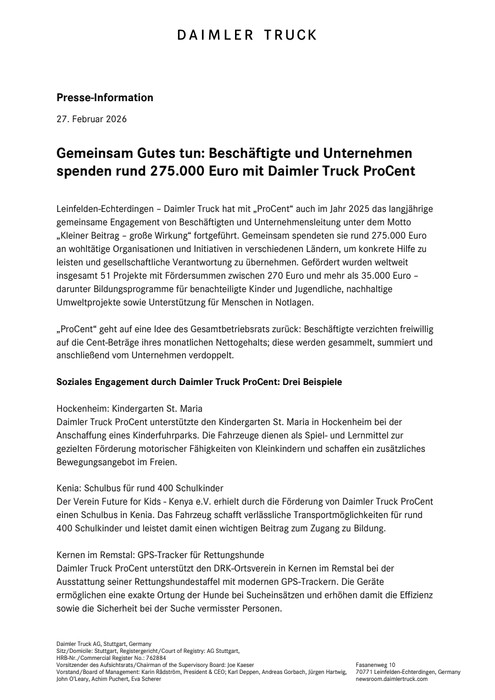 Gemeinsam Gutes tun: Beschäftigte und Unternehmen spenden rund 275.000 Euro mit Daimler Truck ProCent