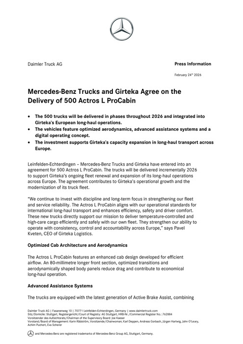 Mercedes-Benz Trucks and Girteka Agree on the Delivery of 500 Actros L ProCabin