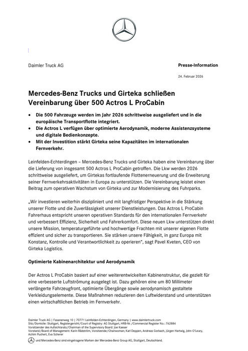 Mercedes‑Benz Trucks und Girteka schließen Vereinbarung über 500 Actros L ProCabin