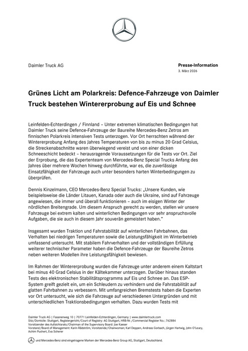 Grünes Licht am Polarkreis: Defence-Fahrzeuge von Daimler Truck bestehen Wintererprobung auf Eis und Schnee