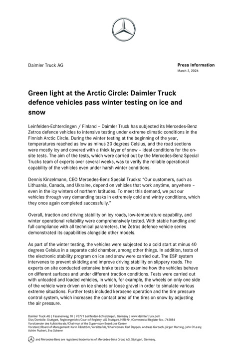 Green light at the Arctic Circle: Daimler Truck defence vehicles pass winter testing on ice and snow