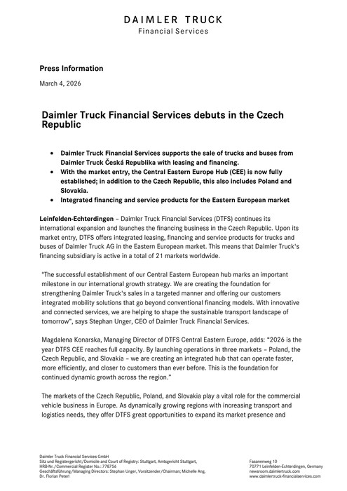 Daimler Truck Financial Services debuts in the Czech Republic