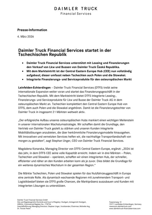 Daimler Truck Financial Services startet in der Tschechischen Republik