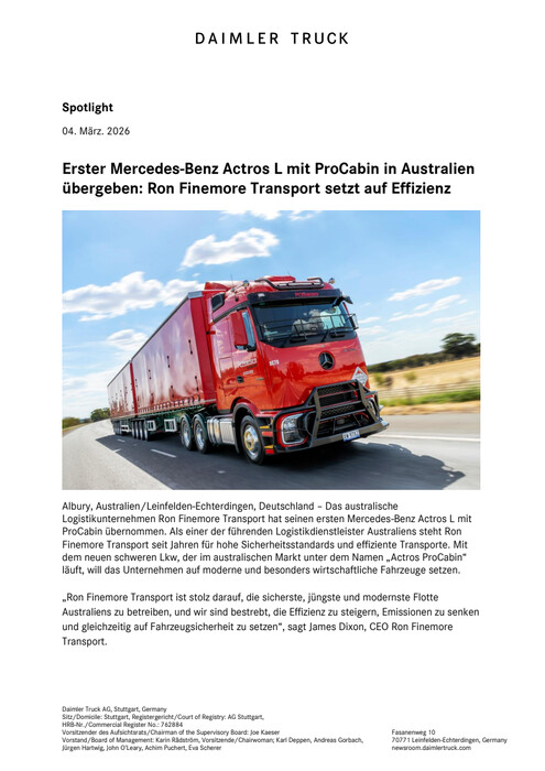 Erster Mercedes-Benz Actros L mit ProCabin in Australien übergeben: Ron Finemore Transport setzt auf Effizienz