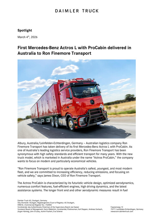 First Mercedes-Benz Actros L with ProCabin delivered in Australia to Ron Finemore Transport
