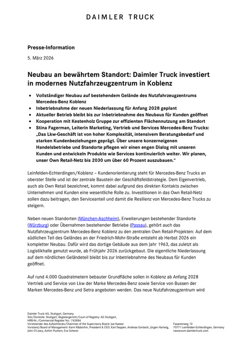 Neubau an bewährtem Standort: Daimler Truck investiert in modernes Nutzfahrzeugzentrum in Koblenz