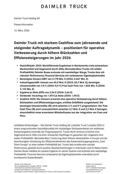 Daimler Truck mit starkem Cashflow zum Jahresende und steigender Auftragsdynamik – positioniert für operative Verbesserung durch höhere Stückzahlen und Effizienzsteigerungen im Jahr 2026