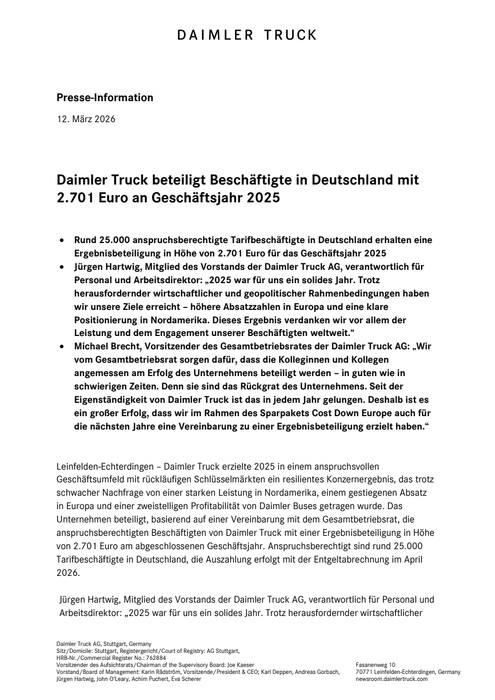 Daimler Truck beteiligt Beschäftigte in Deutschland mit 2.701 Euro an Geschäftsjahr 2025