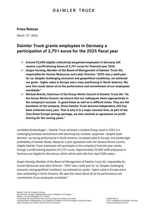 Daimler Truck grants employees in Germany a participation of 2,701 euros for the 2025 fiscal year