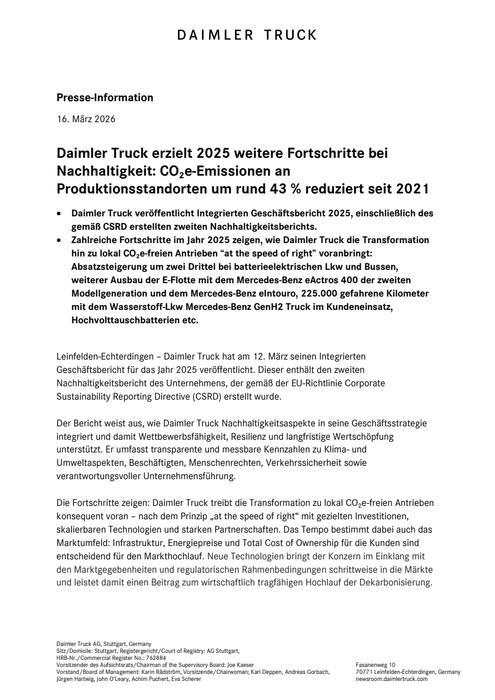 Daimler Truck erzielt 2025 weitere Fortschritte bei Nachhaltigkeit: CO₂e-Emissionen an Produktionsstandorten um rund 43 % reduziert seit 2021