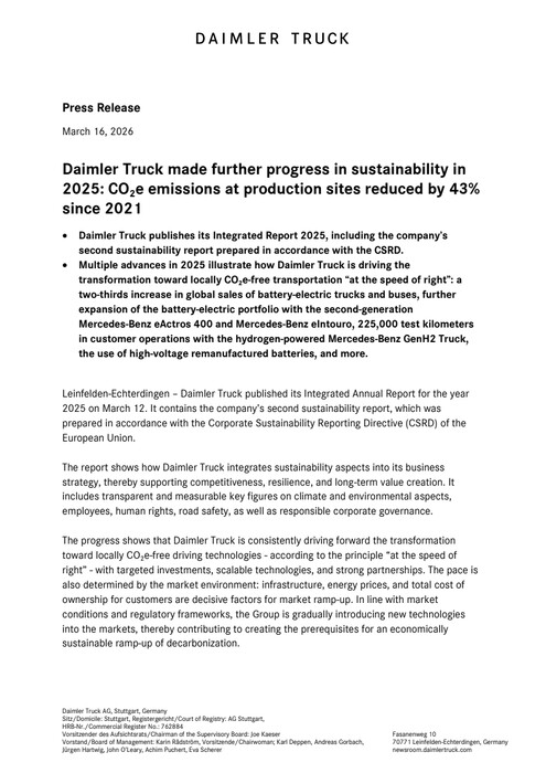 Daimler Truck made further progress in sustainability in 2025: CO₂e emissions at production sites reduced by 43% since 2021