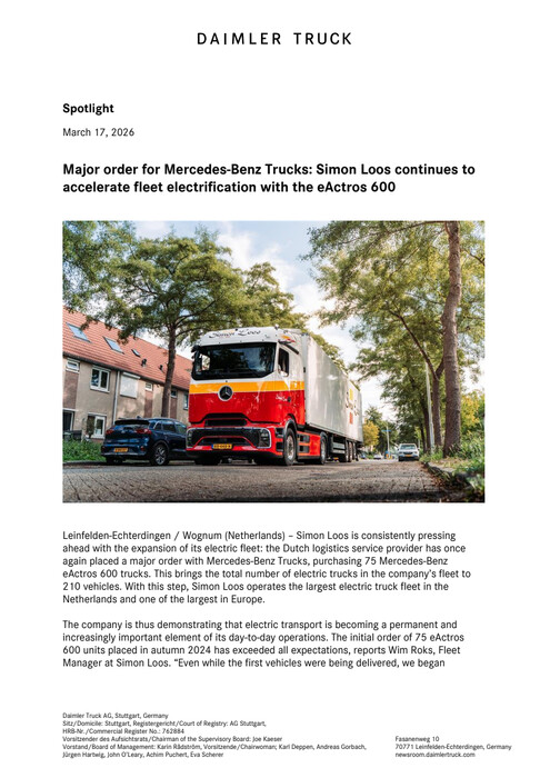Major order for Mercedes-Benz Trucks: Simon Loos continues to accelerate fleet electrification with the eActros 600