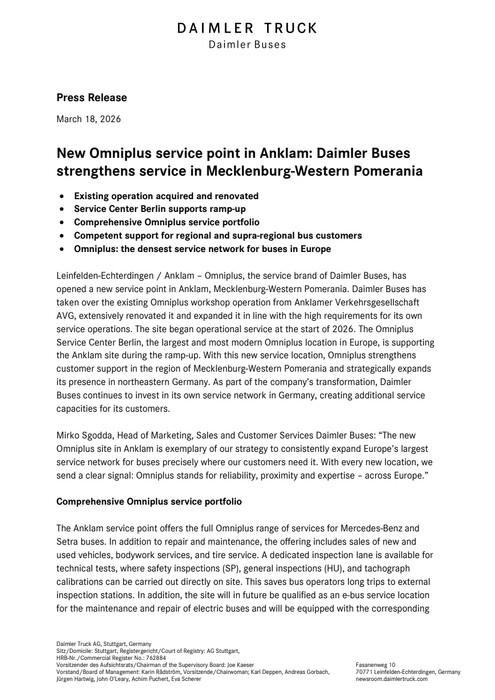 New Omniplus service point in Anklam: Daimler Buses strengthens service in Mecklenburg‑Western Pomerania