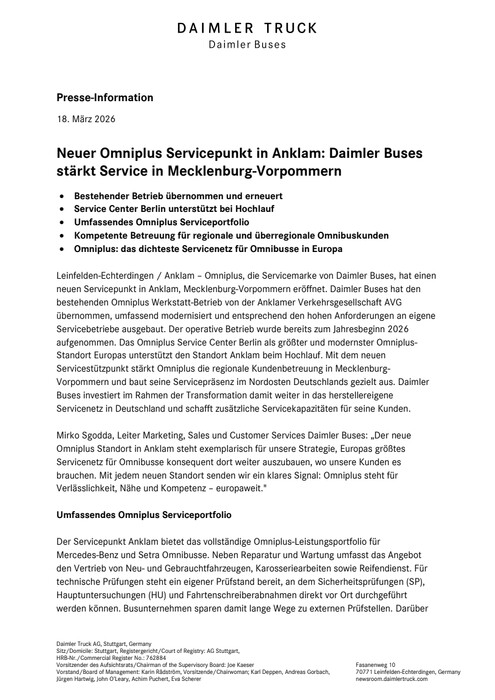 Neuer Omniplus Servicepunkt in Anklam: Daimler Buses stärkt Service in Mecklenburg-Vorpommern