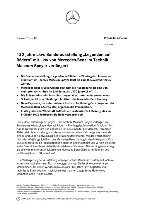 130 Jahre Lkw: Sonderausstellung „Legenden auf Rädern“ mit Lkw von Mercedes-Benz im Technik Museum Speyer verlängert