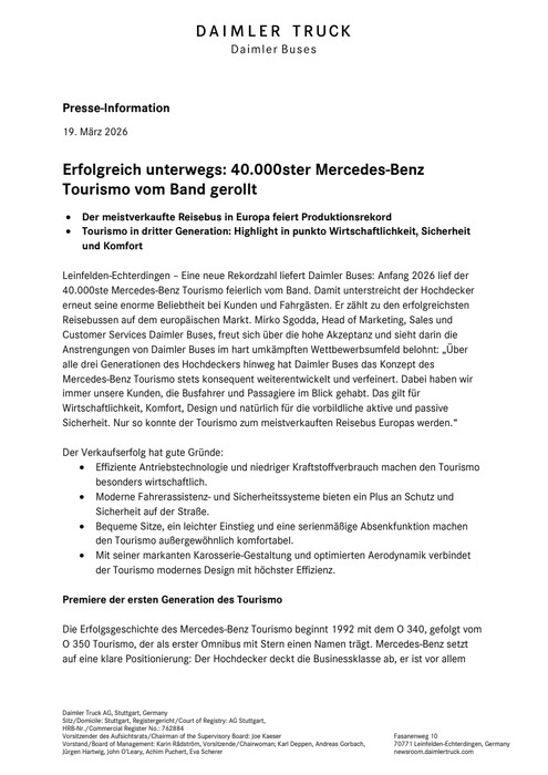 Erfolgreich unterwegs: 40.000ster Mercedes-Benz Tourismo vom Band gerollt