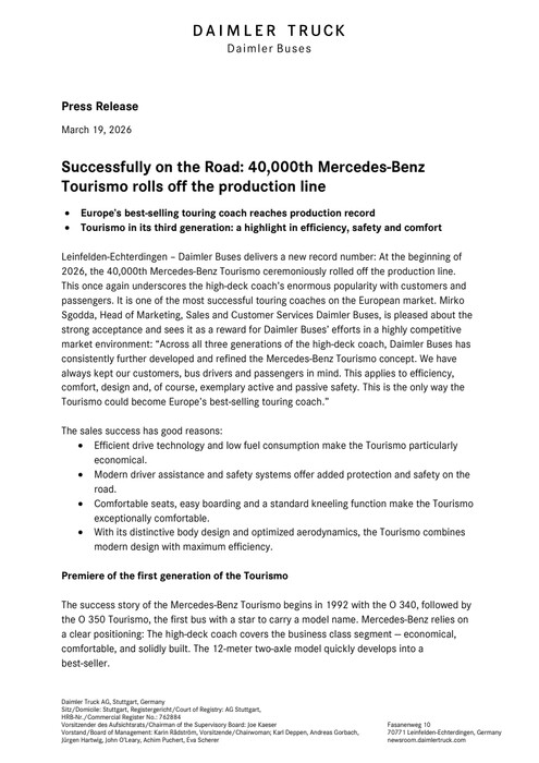 Successfully on the Road: 40,000th Mercedes‑Benz Tourismo rolls off the production line