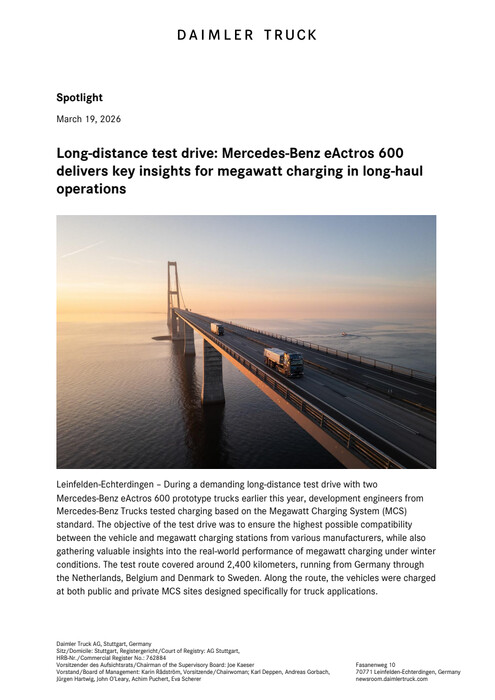 Long-distance test drive: Mercedes-Benz eActros 600 delivers key insights for megawatt charging in long-haul operations
