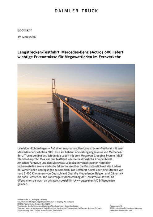 Langstrecken-Testfahrt: Mercedes-Benz eActros 600 liefert wichtige Erkenntnisse für Megawattladen im Fernverkehr