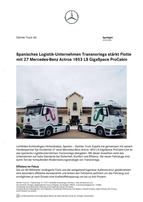 Spanisches Logistik-Unternehmen Transnoriega stärkt Flotte mit 27 Mercedes-Benz Actros 1853 LS GigaSpace ProCabin
