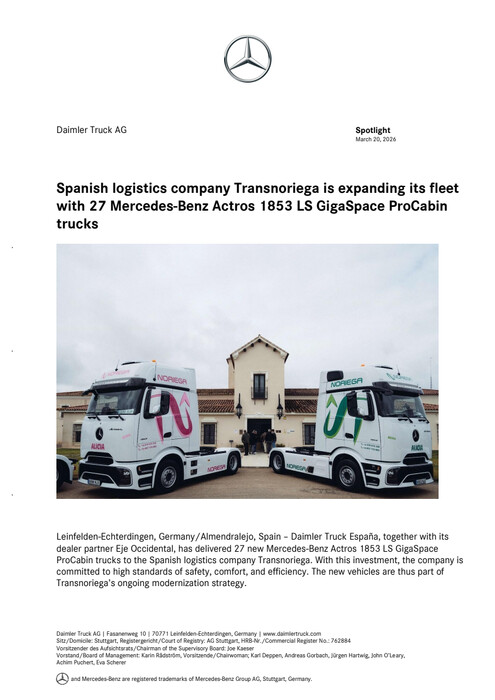 Spanish logistics company Transnoriega is expanding its fleet with 27 Mercedes-Benz Actros 1853 LS GigaSpace ProCabin trucks