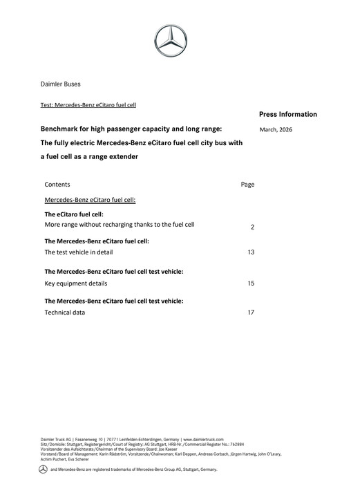 Benchmark for high passenger capacity and long range:  The fully electric Mercedes Benz eCitaro fuel cell city bus with a fuel cell as a range extender