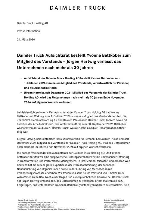 Daimler Truck Aufsichtsrat bestellt Yvonne Bettkober zum Mitglied des Vorstands – Jürgen Hartwig verlässt das Unternehmen nach mehr als 30 Jahren