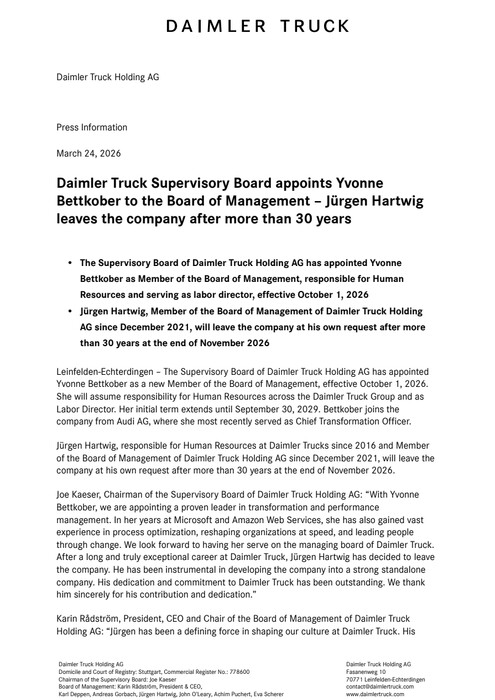 Daimler Truck Supervisory Board appoints Yvonne Bettkober to the Board of Management – Jürgen Hartwig leaves the company after more than 30 years